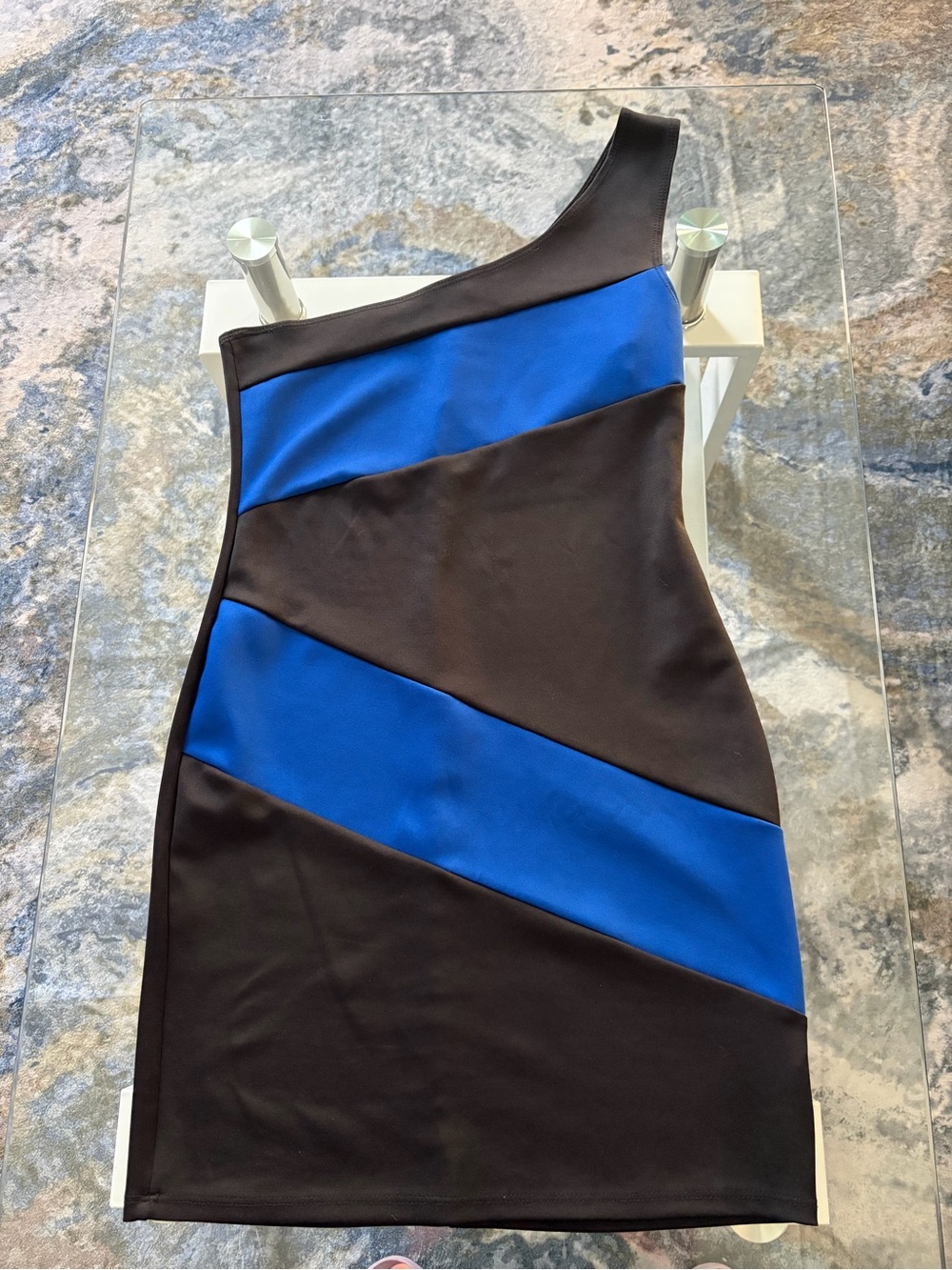 Lily Rose One-Shoulder Black and Royal Blue Colorblock Dress